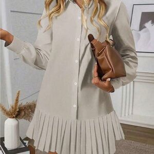NWT!  Beige Long Sleeve Pleated Dress